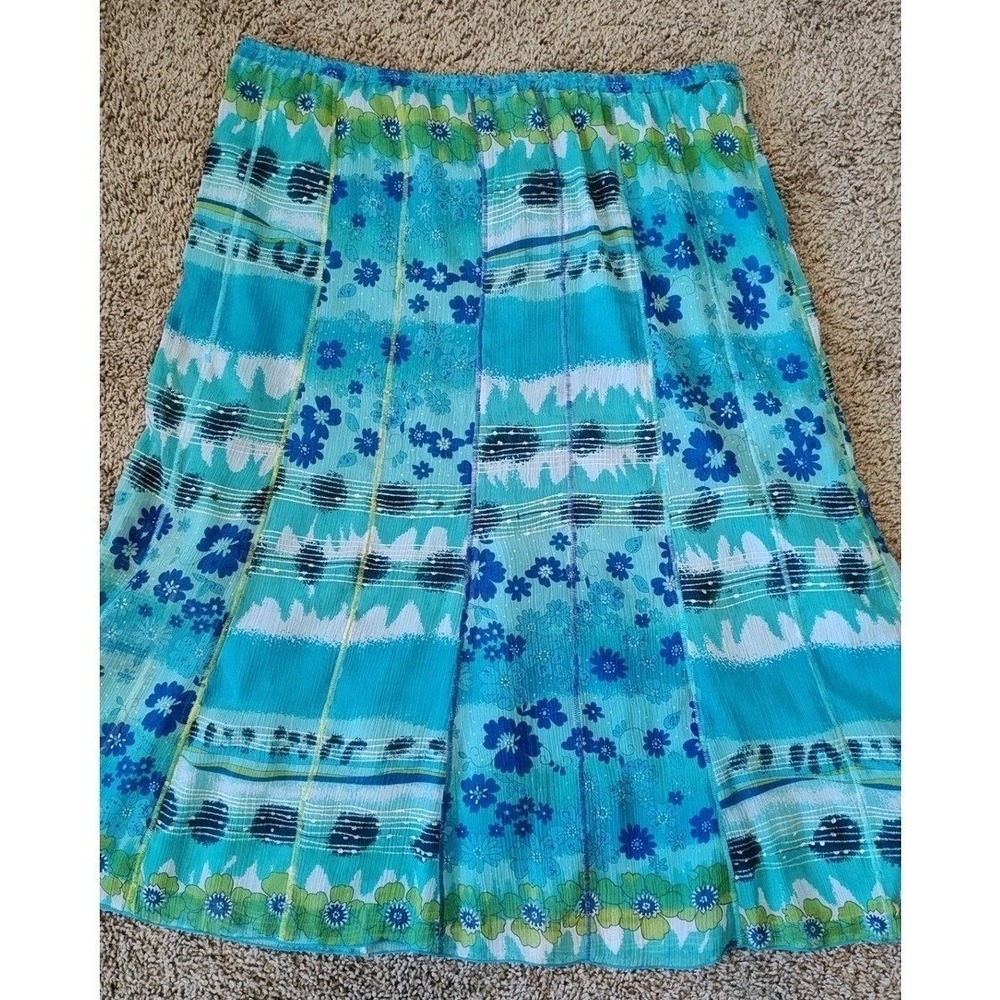 Choices Floral Midi Skirt L Blue Chiffon Boho Women Used Lined zippered